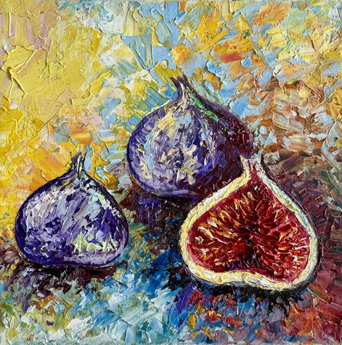 Fig Painting Original Oil Artwork  Fruit Bright Still Life Impasto Miniature on Canvas van Nataliya Rozhdestvenskaya, Schilderij te koop op Singulart