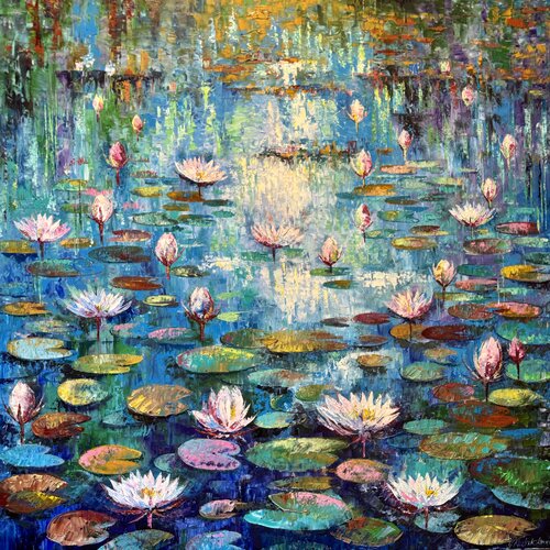 Water Lily Painting Original Impasto Oil Artwork 100/100 Water Lilies in the Lake Flowers Painting by Nataliya Rozhdestvenskaya, Painting for Sale on Singulart