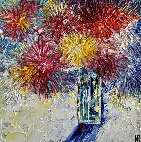 Chrysanthemum Painting Original Ipmasto Oil Artwork 20/20 Flowers Painting Bouquet in Vase Bright Bouquet of Flowers Wall Art van Nataliya Rozhdestvenskaya, Schilderij te koop op Singulart