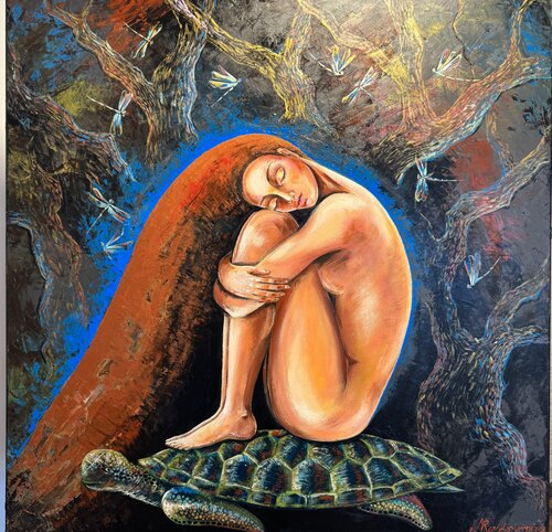 Nude Girl Painting Original Artwork 100x100 Nude Redhead Woman Forest Elf Modern Contemporary Fantasy Large Acrylic Wall Art  Naked Girl Painting par Nataliya Rozhdestvenskaya, Peinture en vente sur Singulart