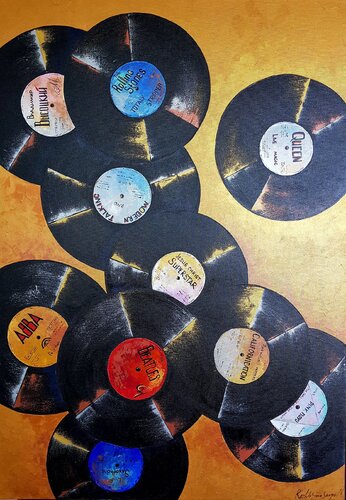 Vinyl Records Original Painting 100x80 Musical Gift Modern Contemporary Painting Rolling Stones Music Hits par Nataliya Rozhdestvenskaya, Peinture en vente sur Singulart