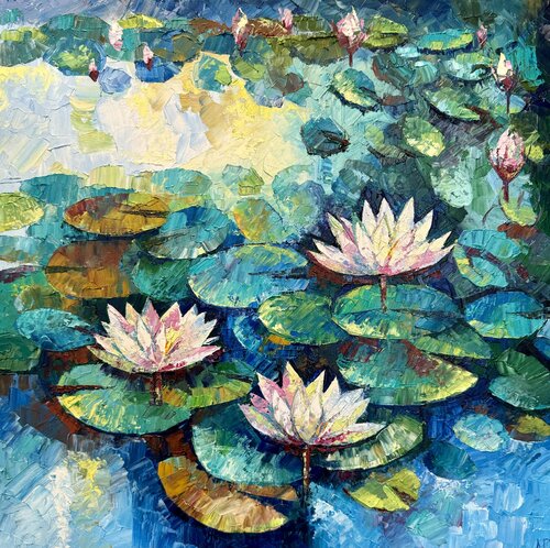 Water Lily Painting Original Oil Artwork 50x50 Flowers Impasto Painting Lake with Lilies par Nataliya Rozhdestvenskaya, Peinture en vente sur Singulart