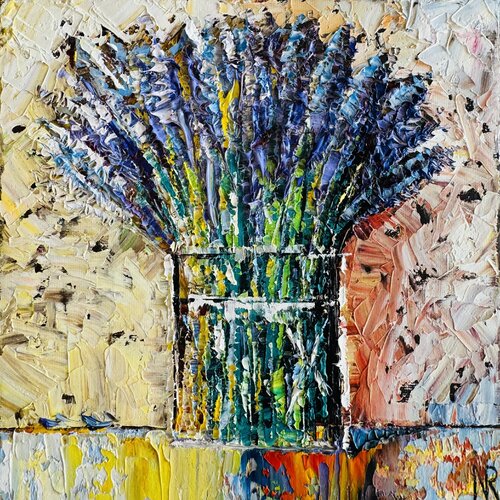 Lavender Painting Original Oil Artwork Provence Lavender Bouquet Impasto Painting von Nataliya Rozhdestvenskaya, Malerei kaufen auf Singulart
