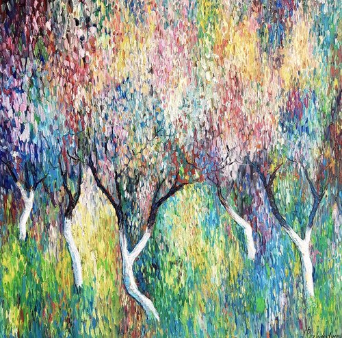 Cherry Orchard Impasto Oil Painting 100/100 Tree Blossoms par Nataliya Rozhdestvenskaya, Peinture en vente sur Singulart
