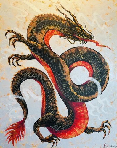 Dragon Original Painting 100x80 Year of the Dragon Flying Dragon par Nataliya Rozhdestvenskaya, Peinture en vente sur Singulart