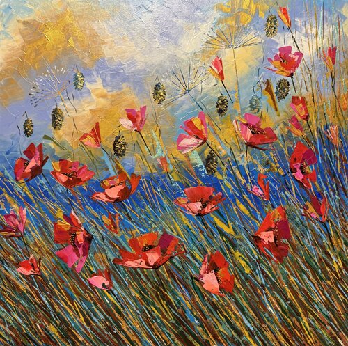 Poppies Painting Original Artwork 60x60 Poppy Field Red Poppies Landscape Flowers Painting par Nataliya Rozhdestvenskaya, Peinture en vente sur Singulart