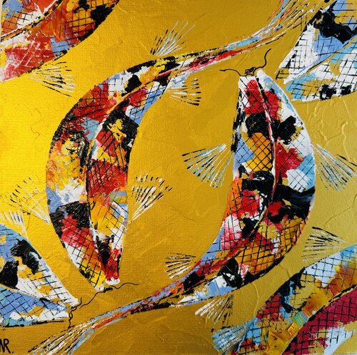Koi Carp Painting Original Oil Artwork 25x25 Impasto Painting Fish Red Carp in a Pond Good Luck Symbol par Nataliya Rozhdestvenskaya, Peinture en vente sur Singulart