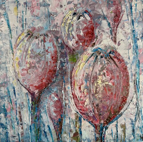 Peony Oil Painting Flowers Pink Peony Buds Impasto Artwork 25x25 de Nataliya Rozhdestvenskaya, Pintura a la venta en Singulart