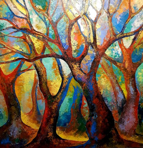 Spring Forest Original Painting 100x100 Trees in the Rays of the Sun di Nataliya Rozhdestvenskaya, Pittura in vendita su Singulart