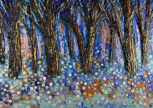 Night Forest Painting Original Artwork Gold Firefly Forest Full Moon Starry Night  Wall Art par Nataliya Rozhdestvenskaya, Peinture en vente sur Singulart