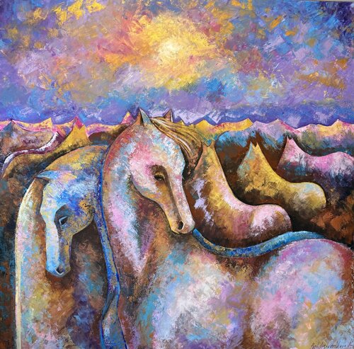 Horses Painting Original Artwork 100x100 Herd of Horses Painting Horses in the Night Large Modern Bright Sunset by Nataliya Rozhdestvenskaya, Painting for Sale on Singulart