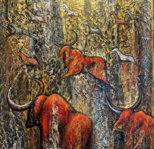 Bull Painting Original Textured Artwork 100x100 Cave Painting Hunting Artwork Large Fantasy Modern Contemporary Wall Art by Nataliya Rozhdestvenskaya, 油畫 for Sale on Singulart