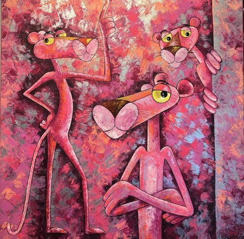 Pink Panther Original Painting 100x100 PopArt Modern Large Painting par Nataliya Rozhdestvenskaya, Peinture en vente sur Singulart