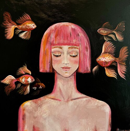 Girl Portrait Redhead Woman Original Painting Goldfish Romantic Art by Nataliya Rozhdestvenskaya, Painting for Sale on Singulart