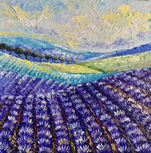 Lavender Painting Original Oil Painting 25x25 Provence Lavender Fields Summer Landscape par Nataliya Rozhdestvenskaya, Peinture en vente sur Singulart