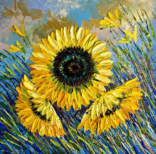 Sunflowers Painting Original Oil Artwork Field of Sunflowers Flowers Painting Summer Landscape van Nataliya Rozhdestvenskaya, Schilderij te koop op Singulart