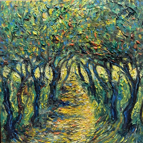 Alley with Trees Painting Impasto Oil Artwork Trees Painting Summer Landscape par Nataliya Rozhdestvenskaya, Peinture en vente sur Singulart