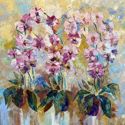 Orchid Painting Original Artwork 80x80 Flowers Modern Large Art van Nataliya Rozhdestvenskaya, Schilderij te koop op Singulart