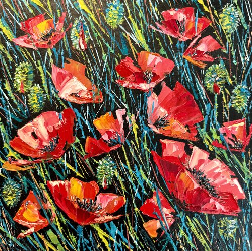 Poppies Painting Original Oil Artwork Poppy Field Red Poppies Landscape Flowers Painting Nataliya Rozhdestvenskaya