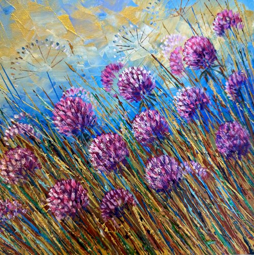 Pink Clover Painting  Flowers Wildflowers Clover Field Artwork par Nataliya Rozhdestvenskaya, Peinture en vente sur Singulart