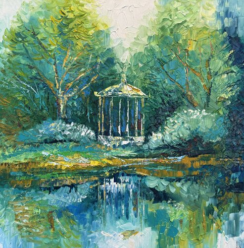 Summer Landscape Original Oil Painting Pond Park Gazebo in the Park Impasto Art par Nataliya Rozhdestvenskaya, Peinture en vente sur Singulart