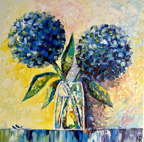 Hydrangea Painting Flower Original Oil Art Floral Impressionist Wall Art Oil Painting Impasto Blue Hydrangea by Nataliya Rozhdestvenskaya, Painting for Sale on Singulart