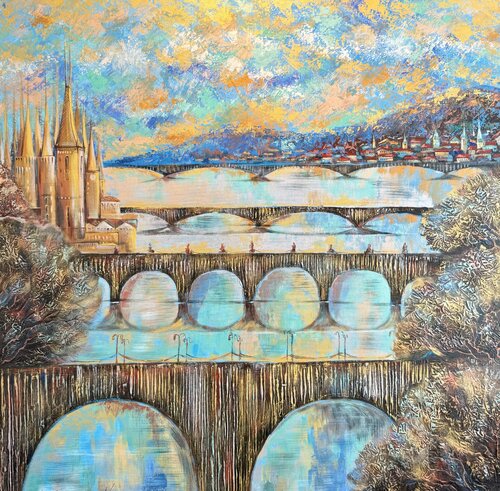 Golden Bridges of Prague van Nataliya Rozhdestvenskaya, Schilderij te koop op Singulart