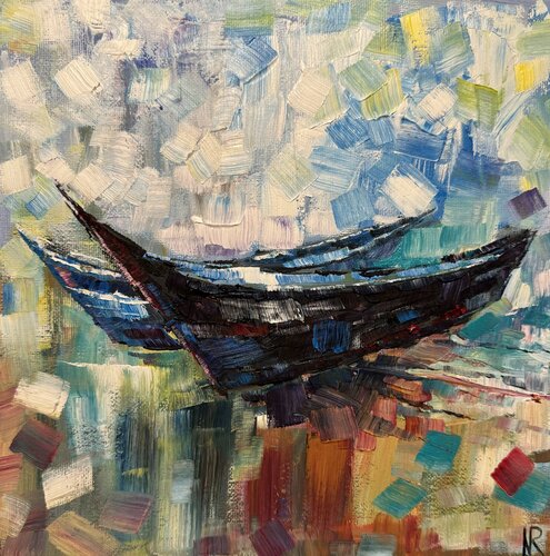 Seascape with Boats Original Oil Painting Coastline par Nataliya Rozhdestvenskaya, Peinture en vente sur Singulart