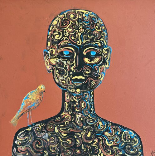 Male Modern Portrait with Bird Original Painting African Man by Nataliya Rozhdestvenskaya, Painting for Sale on Singulart