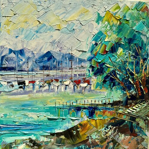 Seascape Impasto Oil Painting Yachts in the Bay par Nataliya Rozhdestvenskaya, Peinture en vente sur Singulart