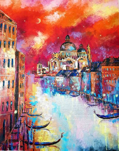 Venice Landscape Grand Canal Carnival in Venice Original Painting par Nataliya Rozhdestvenskaya, Peinture en vente sur Singulart