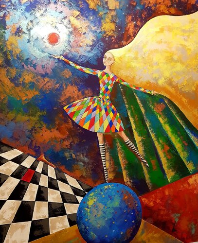 Girl on a Ball Painting Original Artwork Alice in Wonderland Contemporary Modern Art par Nataliya Rozhdestvenskaya, Peinture en vente sur Singulart