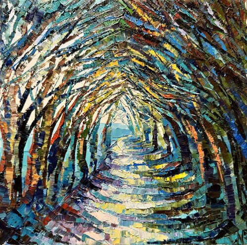 Alley with Trees Painting Impasto Oil Artwork Trees Painting Summer Landscape par Nataliya Rozhdestvenskaya, Peinture en vente sur Singulart