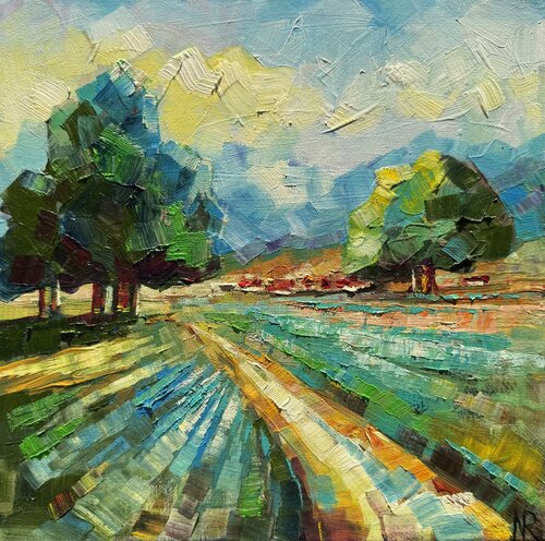 Summer Countryside Landscape Original Oil Painting de Nataliya Rozhdestvenskaya, Pintura a la venta en Singulart
