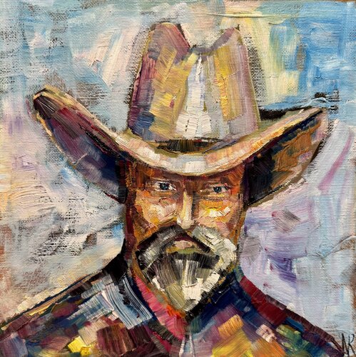 Cowboy Painting Cowboy in the Hat Cowboy Portrait di Nataliya Rozhdestvenskaya, Pittura in vendita su Singulart