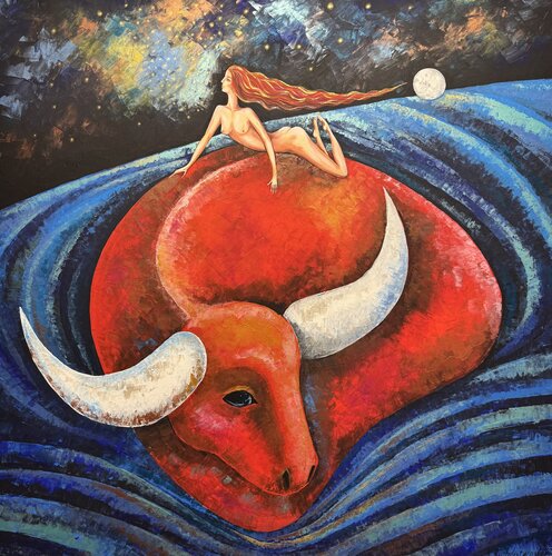 Constellation Taurus Original Painting The Abduction of Europa by Zeus par Nataliya Rozhdestvenskaya, Peinture en vente sur Singulart