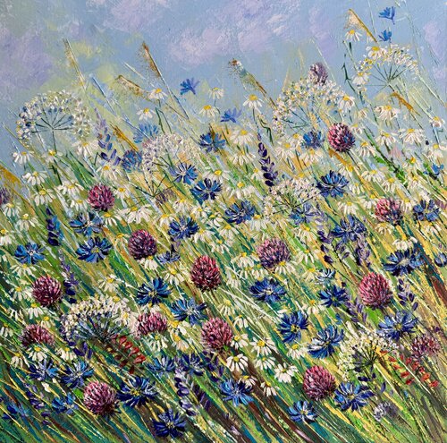 Pink Clover Painting  Flowers Wildflowers Clover Field Artwork par Nataliya Rozhdestvenskaya, Peinture en vente sur Singulart