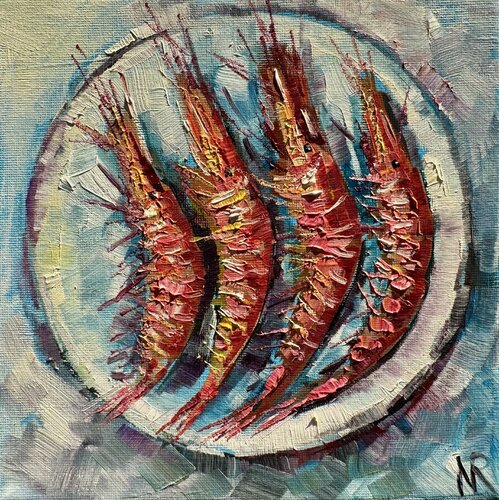 Shrimp Original Oil Painting Still Life with Seafood by Nataliya Rozhdestvenskaya, Painting for Sale on Singulart