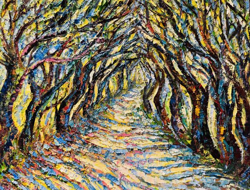 Alley with Trees Painting Impasto Oil Artwork Trees Painting Summer Landscape di Nataliya Rozhdestvenskaya, Pittura in vendita su Singulart