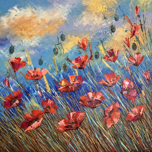 Poppies Painting Original Artwork 60x60 Poppy Field Red Poppies Landscape Flowers Painting de Nataliya Rozhdestvenskaya, Pintura a la venta en Singulart