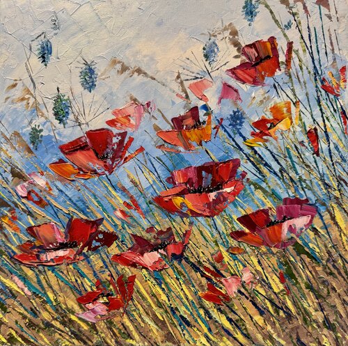 Poppies Original Oil Impasto Painting Flower Field par Nataliya Rozhdestvenskaya, Peinture en vente sur Singulart