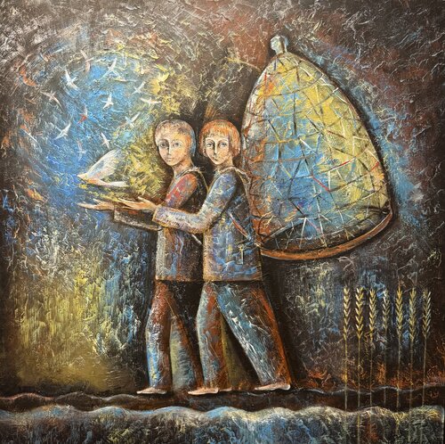 Bird catchers set the birds free par Nataliya Rozhdestvenskaya, Peinture en vente sur Singulart