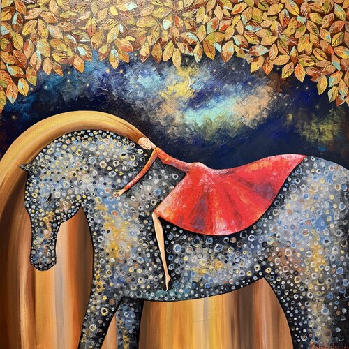 Girl on Horseback Redhead Girl Original Art Horse Artwork par Nataliya Rozhdestvenskaya, Peinture en vente sur Singulart