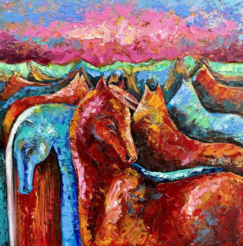 Horses Painting Original Oil Artwork Herd of Horses Painting Horses in the Night  Bright Sunset by Nataliya Rozhdestvenskaya, Painting for Sale on Singulart