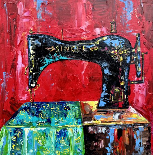 Sewing Machine Singer Oil  Painting Family Bonds Original Nostalgic Artwork Nataliya Rozhdestvenskaya