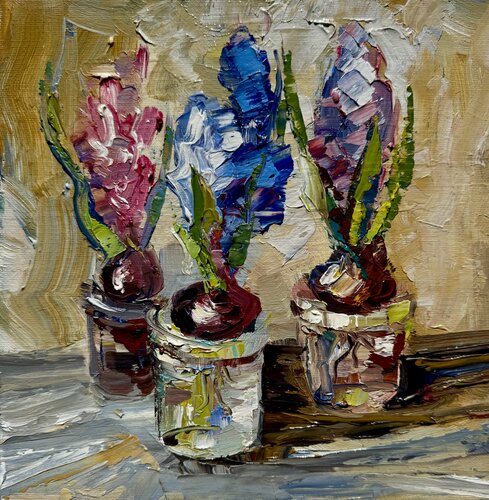 Hyacinth Original Oil Painting Spring Flowers par Nataliya Rozhdestvenskaya, Peinture en vente sur Singulart
