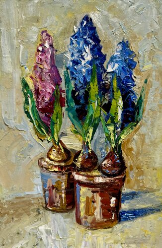 Hyacinth Original Oil Painting Spring Flowers par Nataliya Rozhdestvenskaya, Peinture en vente sur Singulart