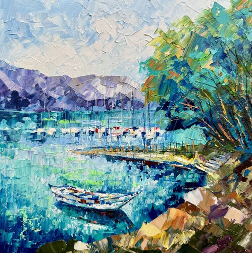Seascape Impasto Oil Painting Yachts in the Bay de Nataliya Rozhdestvenskaya, Pintura a la venta en Singulart