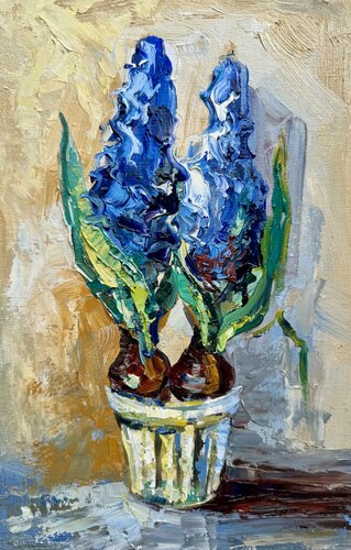 Hyacinth Original Oil Painting Spring Flowers par Nataliya Rozhdestvenskaya, Peinture en vente sur Singulart