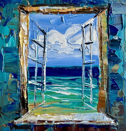 Ocean View Window Original Oil Painting Seascape Coastline Window Painting Impasto Romantic Mediterranean Art by Nataliya Rozhdestvenskaya, Painting for Sale on Singulart